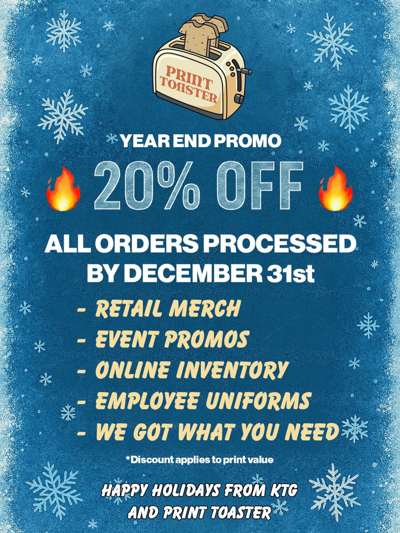 Slide in the DM or Call us at 818-491-7465! Happy Holidays from KTG & Print Toaster! ☃️😊